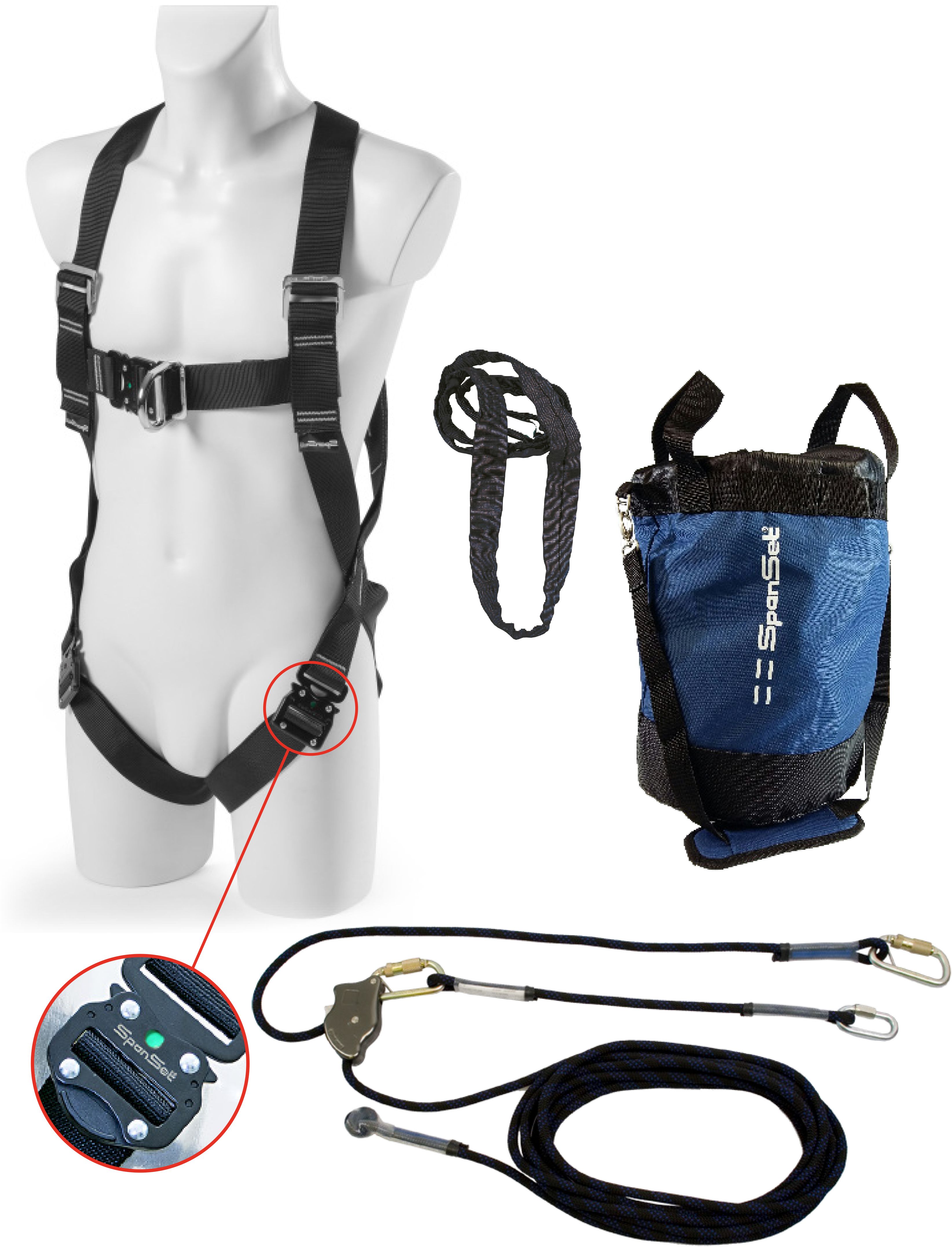 SPANSET Safety-Kit für Dacharbeiten 20m Typ SK-203 2-Punkt-Auffanggurt, Rückhalteseil - Arbeitsschutz