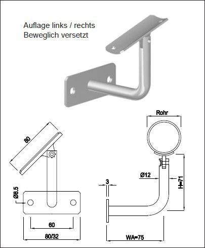 Geschw Wandkonsole eck waag bewegl vers HI. 42.4/ 12 mm links geschl. 1.4301 - INOXTECH-Handlauf-/Geländer-System