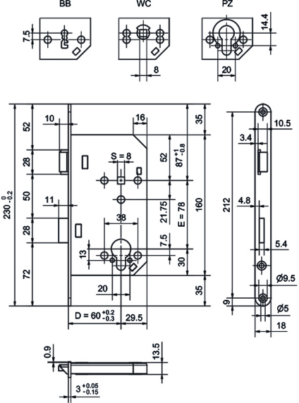 GLUTZ Einsteckschloss SWISS 1001, BB 78mm 230/18/3mm, DIN links, DM 60mm - Türschlösser und Zubehör