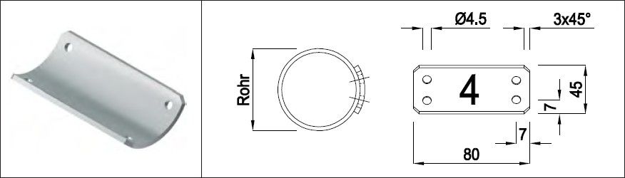 Auflagebleche breite Ausführung 42.4 mm 45x80x 2.5 mm geschl. 1.4301 - INOXTECH-Handlauf-/Geländer-System