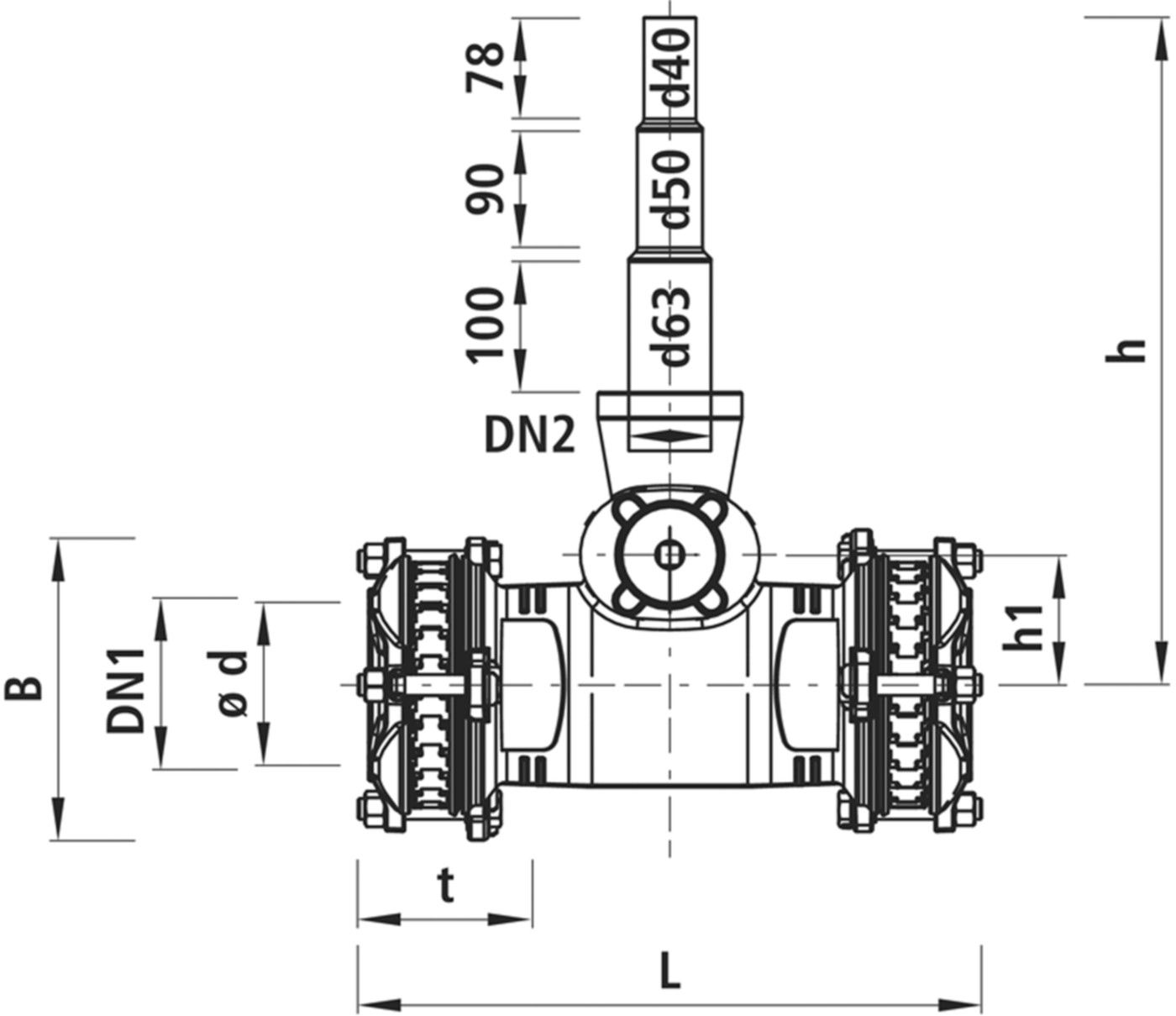 Combi-T Synoflex 4364 DN 150 Abgang Univ. PE-Ende d40/50/63mm - Hawle Synoflex