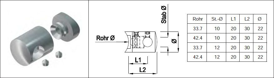 Rundstabtrav. kurz, eingesattelt 42.4/ 12 mm 126955 - INOXTECH-Handlauf-/Geländer-System