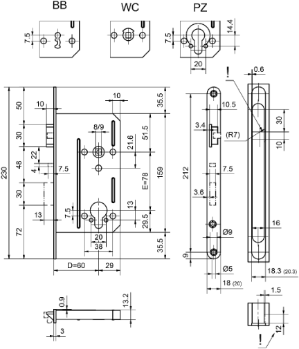 GLUTZ Einsteckschloss 1106, RZ-W 78mm 230/18/8mm, DIN links, DM 70mm - Türschlösser und Zubehör