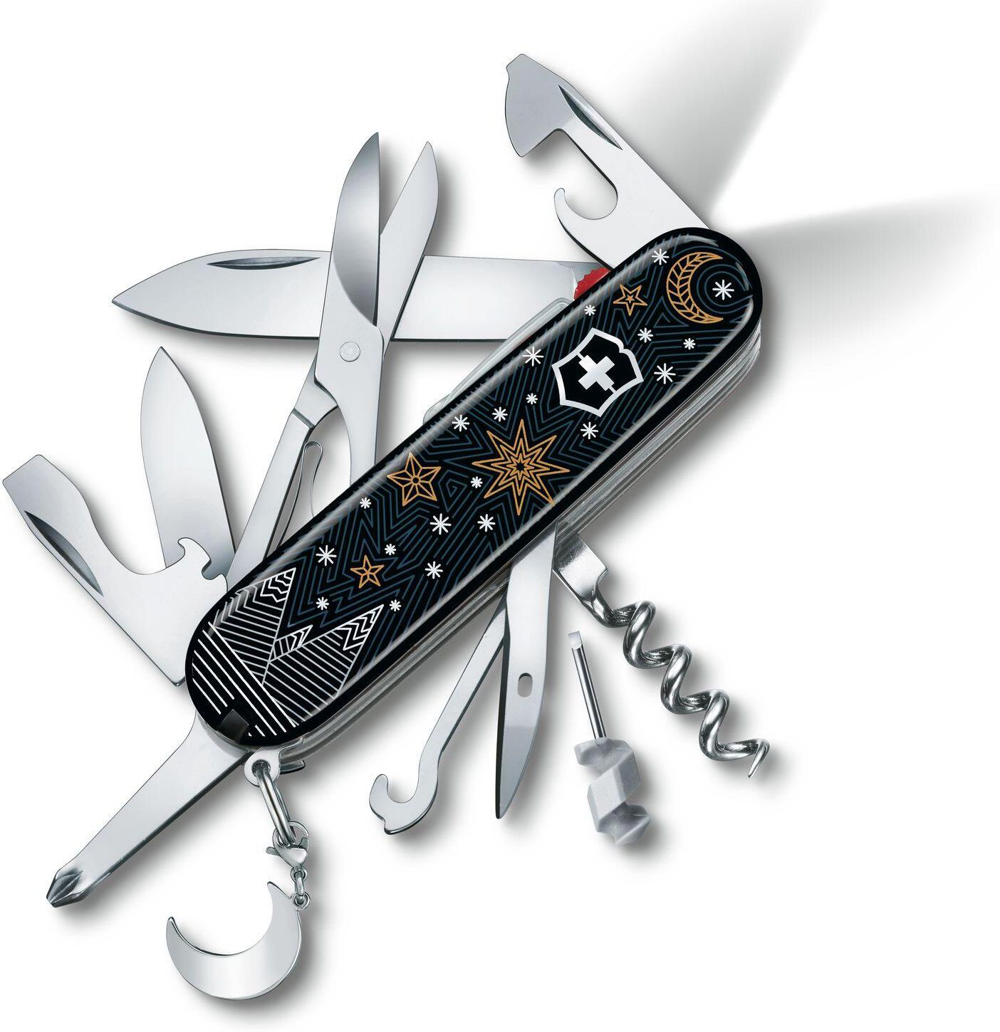 VICTORINOX Taschenmesser Climber Lite Winterzauber Schwarz/Blau, Cellidor, 17 Funktionen, Anhänger - Heften, Schneiden