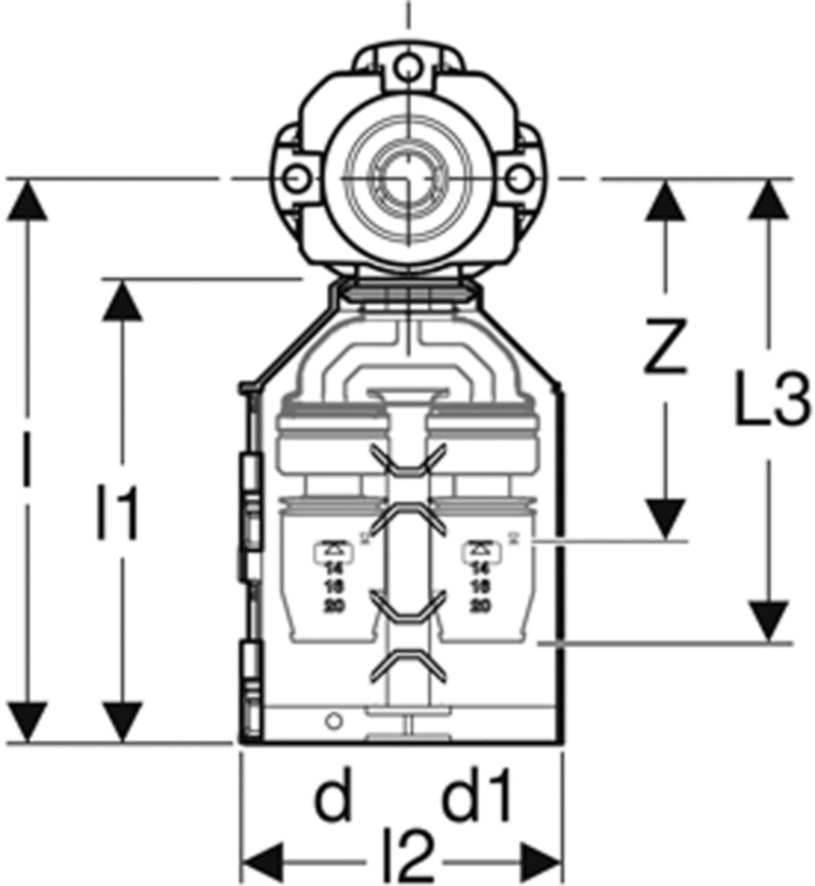 Doppeldose 90° 16mm-1/2"-16mm 650.483.00.3 - Geberit-Push Fit-Formstücke