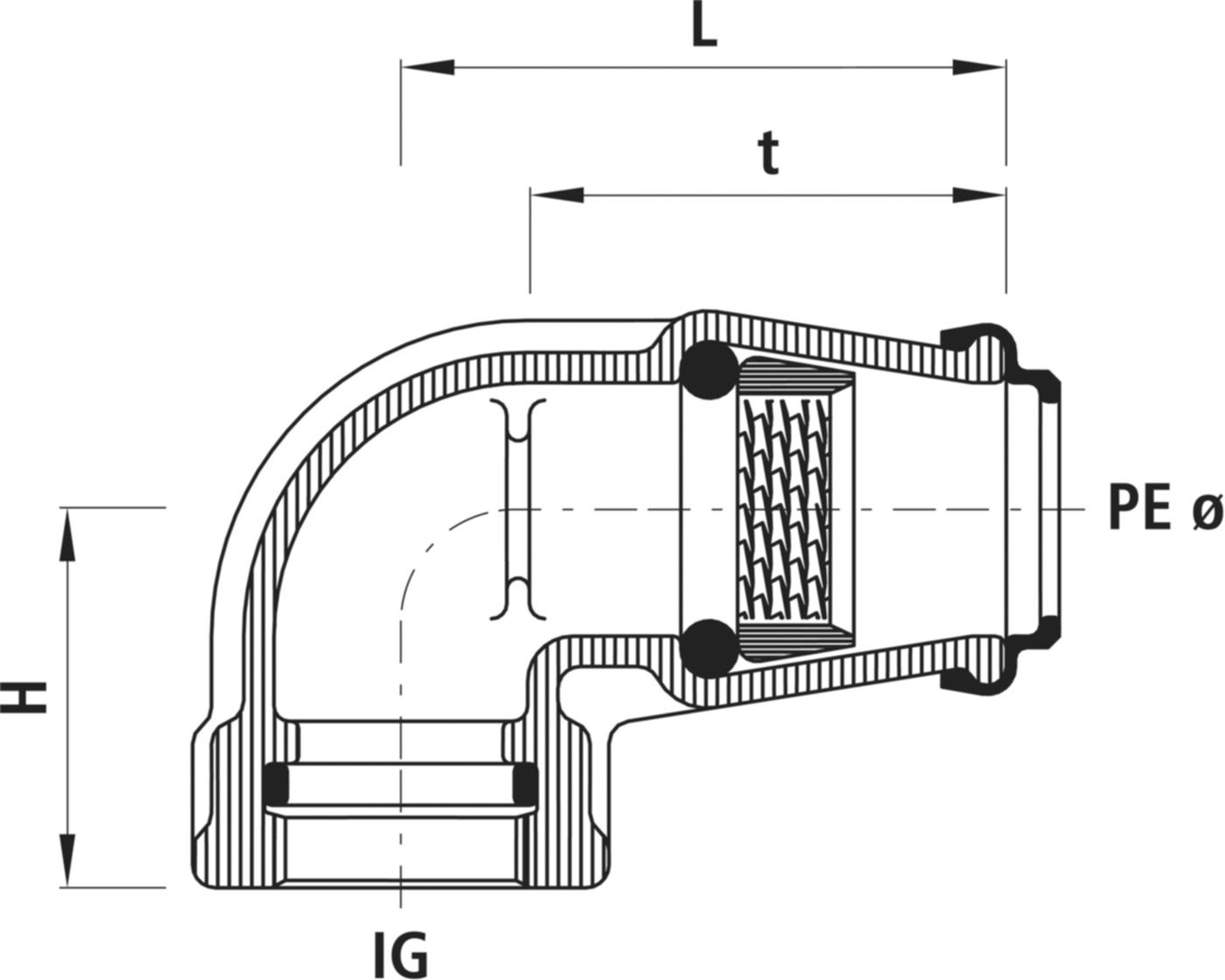 Winkel-Steckfitting 90° mit IG 6440 POM d 50mm - 1 1/2" - Hawle Steckfittinge