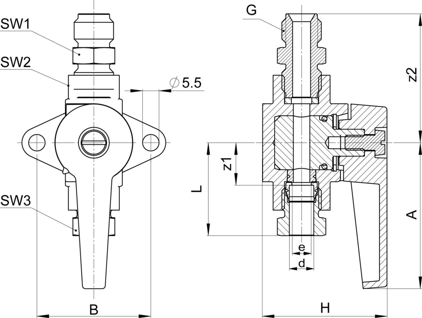 Durchgangshahn mit B-flansch 3/8"- 6mm SO PV O8E01-6-3/8 F (SO 07810) - Serto-Programm M/G