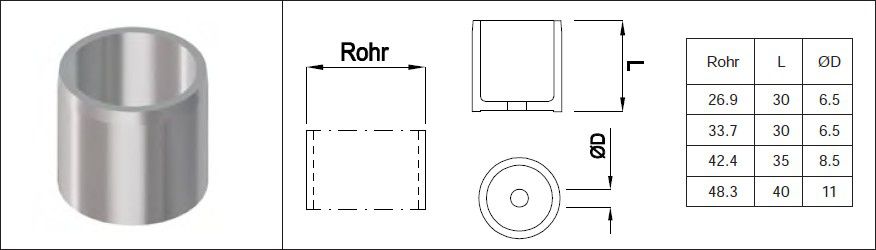 Handlaufsteckrohr verdeckt 26.9 mm geschliffen 1.4301 - INOXTECH-Handlauf-/Geländer-System
