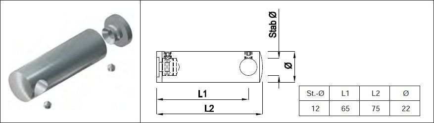 Rundstabtrav. lang, gerade 12 mm 126960 - INOXTECH-Handlauf-/Geländer-System