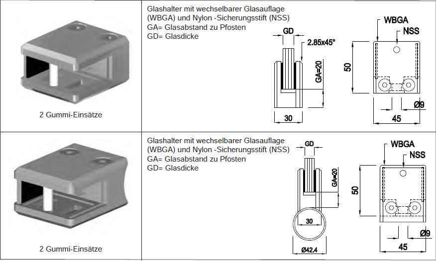 Glashalter eckige Form gerade mit Fase Zinkguss mit Chromstahleffekt 129758 - INOXTECH-Handlauf-/Geländer-System
