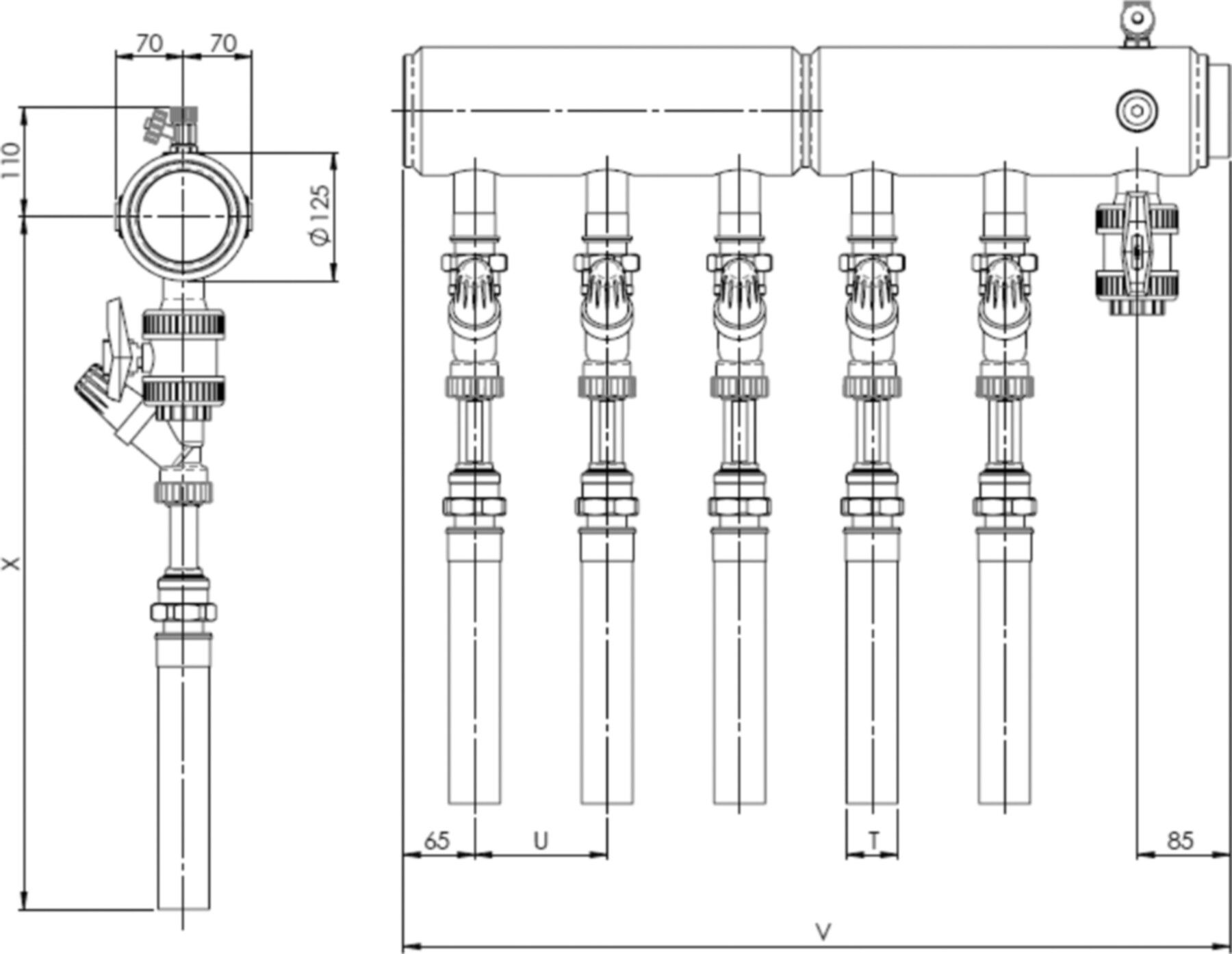 PE-Verteiler SAVE125 m/Abgleichv. Hyline DN 50 5 Anschl. m/Füll+Entl. 108921 - Haka-Erdwärmetechnik