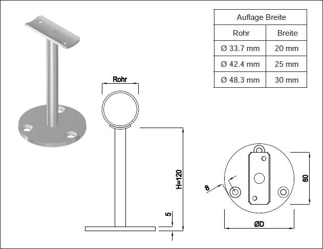 Geschw. Standkonsole 3 Loch mit Aufl. HI. 33.7/ 12 mm 1.4301 - INOXTECH-Handlauf-/Geländer-System