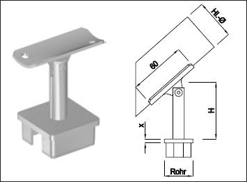 Steckkonsole bewegl mit quadr Rohrkappe Pfos 30mm,HL42.4mm,TH100mm,geschl,1.4301 - INOXTECH-Handlauf-/Geländer-System