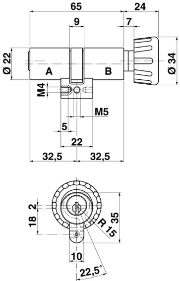 KABA 8 Drehknopfzylinder Typ M1519 42.5/32.5, mit 3 Schlüssel - Kaba 8, Lagerprodukt