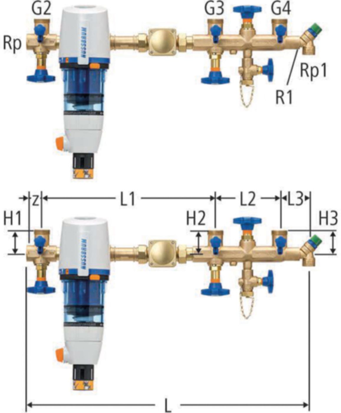 Standard-Verteilbatterie mit Redfil rück. 31203.37 ohne Verschraubung 5/4"-5/4"x5/4"x5/4" - Nussbaum Armaturen