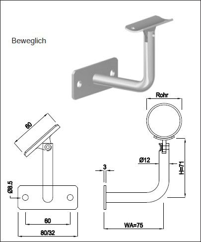Geschw. Wandkonsole eck. waagr. bewegl. HI. 48.3 mm Stab 12 mm geschl. 1.4301 - INOXTECH-Handlauf-/Geländer-System