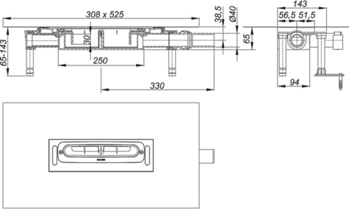Ablaufgehäuse DallFlex Plan waagrecht 40mm 5-53903 zu Duschrinne CeraFloor und CeraWall - SCHACO Entwässerungstechnik