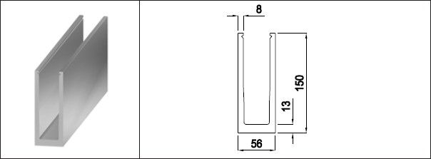 Aluminium U-Profil aus EN AW 6060 T66 Ganzglasgeländer-System L=8000 mm - INOXTECH-Handlauf-/Geländer-System