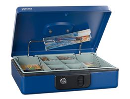 Geldkassette 300x230x86mm blau Deluxe 6+2 Fächer, Deluxe 4 blau - Vorhängeschloss, Sicherheitsbeschläge