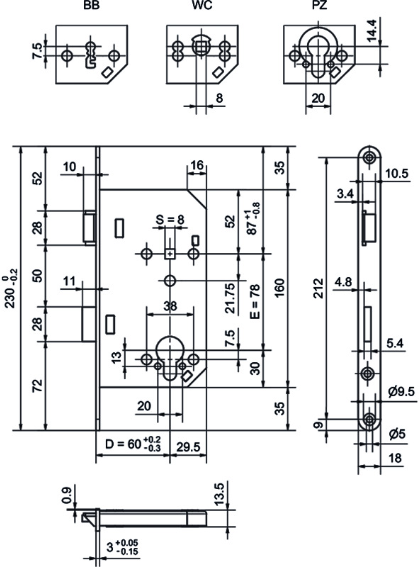 GLUTZ Einsteckschloss SWISS 1001, RZ-W 78mm 230/18/3mm, DIN links, DM 60mm - Türschlösser und Zubehör