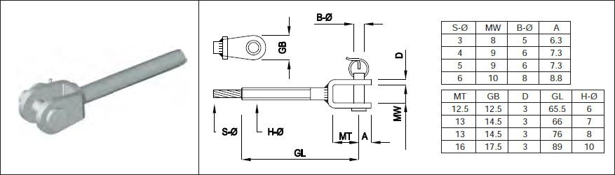 Gabeln 6-kantverpresst zu Seil 3-6 mm Seil-Ø 3 mm GL 65 mm 1.4301 - INOXTECH-Handlauf-/Geländer-System