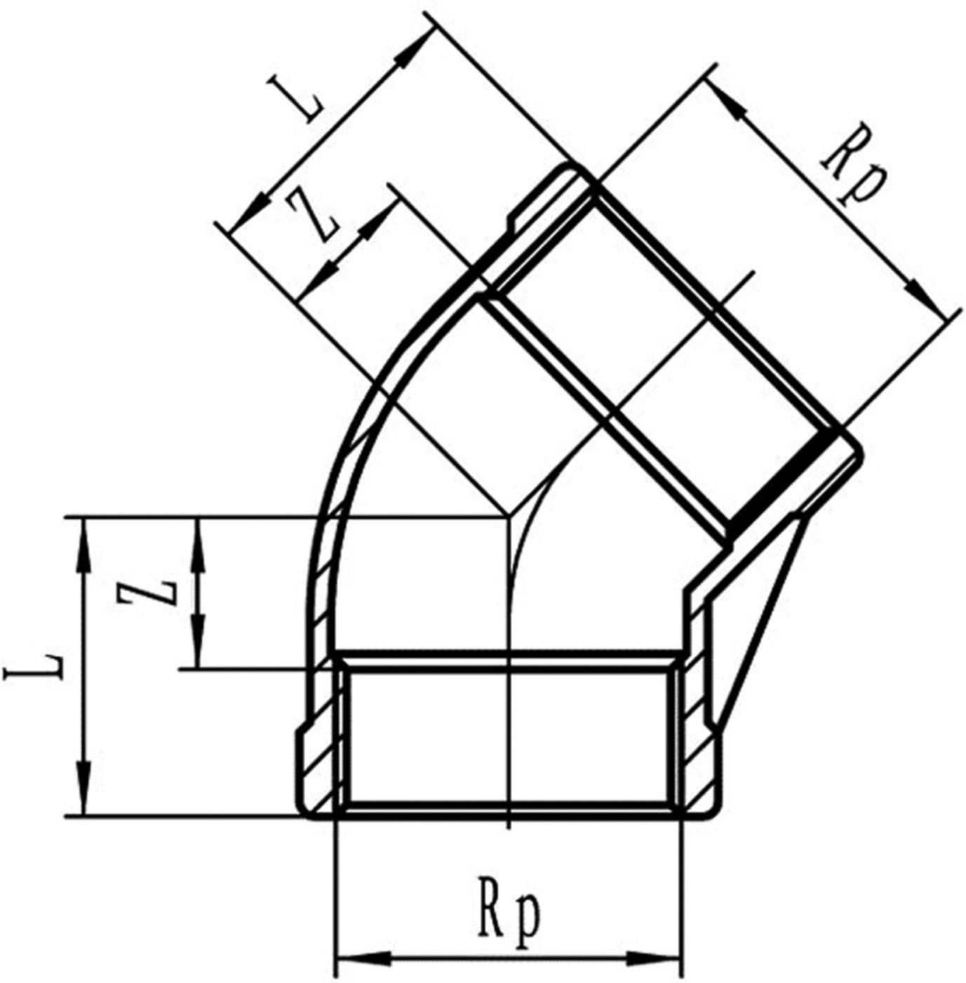 Inox-Winkel 45° IG/IG 11/2" 1120 - Rostfreie Gewindefittings