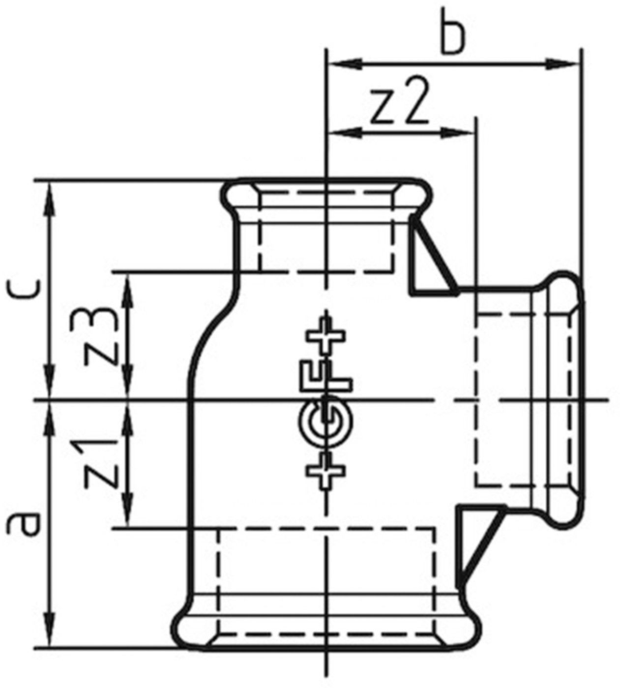 T-Stück red. 130 V 1"- 1/2"- 3/4" 770 130 236 - GF verz. Tempergussfittings