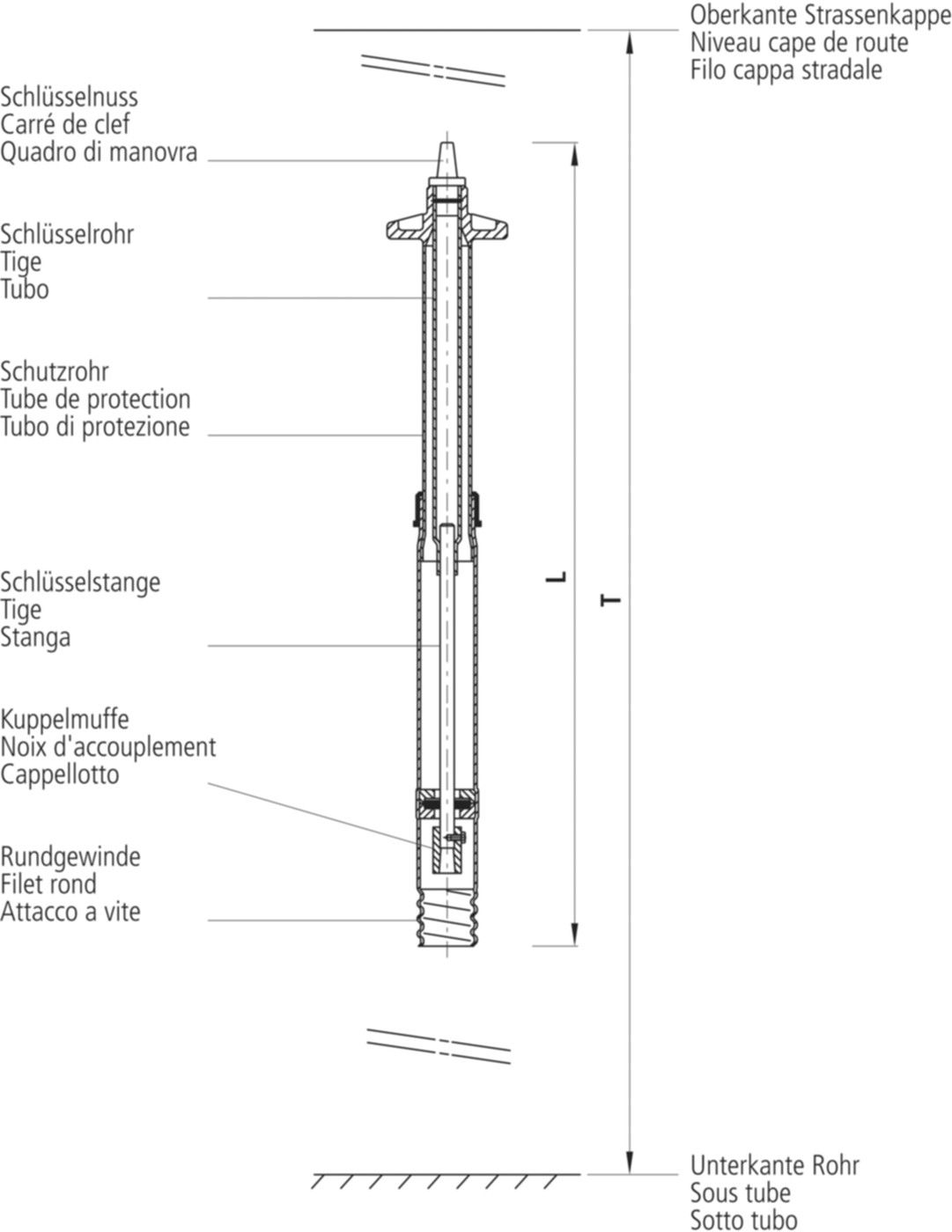 Einbaugarnitur, teleskopisch lang 9602 DN 3/4" - 2" GT = 1,23 - 1,86m - Hawle Schieberzubehör