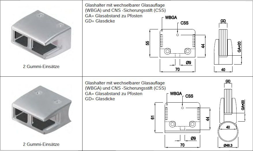 Glashalter eckige Form gerade Chromstahl geschliffen 1.4301 - INOXTECH-Handlauf-/Geländer-System