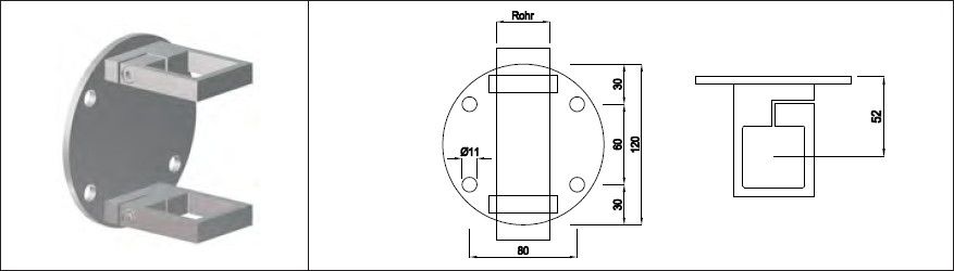 Pfosten-Klemmhalter runde Form 40x40 mm geschliffen 1.4301 Plattendicke 5 mm - INOXTECH-Handlauf-/Geländer-System