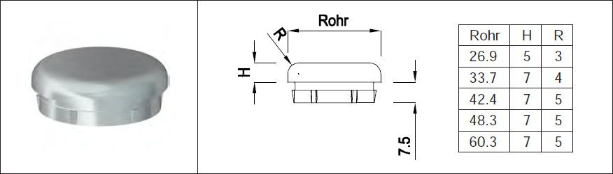 Rohrkappe gerade 48.3 mm geschliffen 126580 - INOXTECH-Handlauf-/Geländer-System