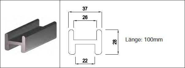 Kunststoff H-Profil a. Hart-PVC schwarz Ganzglasgeländer-System 22 / 26 x 28 mm - INOXTECH-Handlauf-/Geländer-System