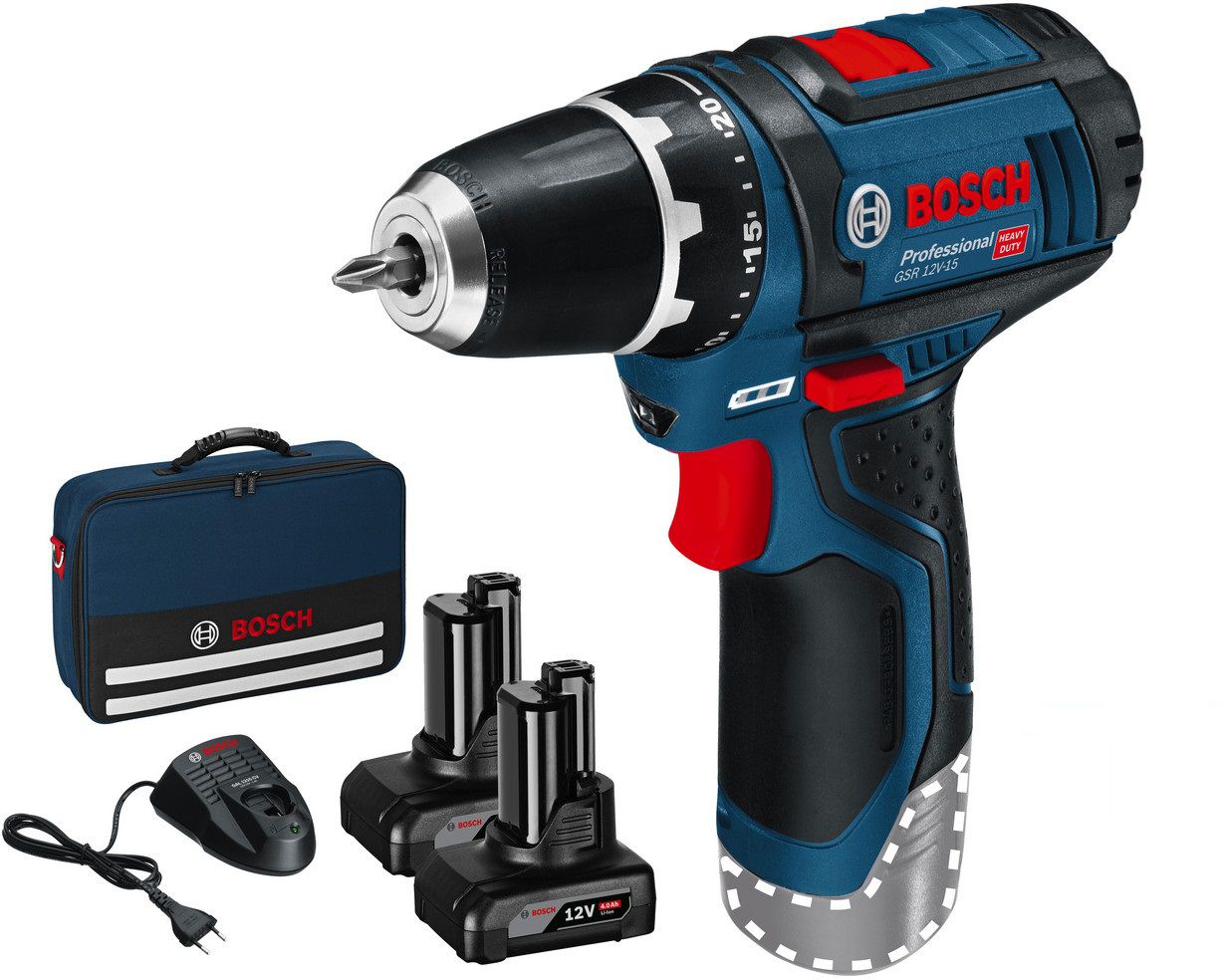 Akku-Bohrschrauber GSR 12V-15 2x2.0 Ah, GAL 12V-20, Tasche, 0-1'300 min - Bosch Elektrowerkzeuge