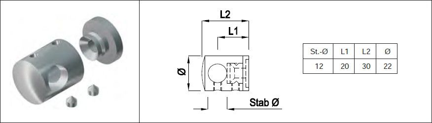 Rundstabtrav. kurz, gerade, rechts 12 mm geschliffen 1.4301 - INOXTECH-Handlauf-/Geländer-System