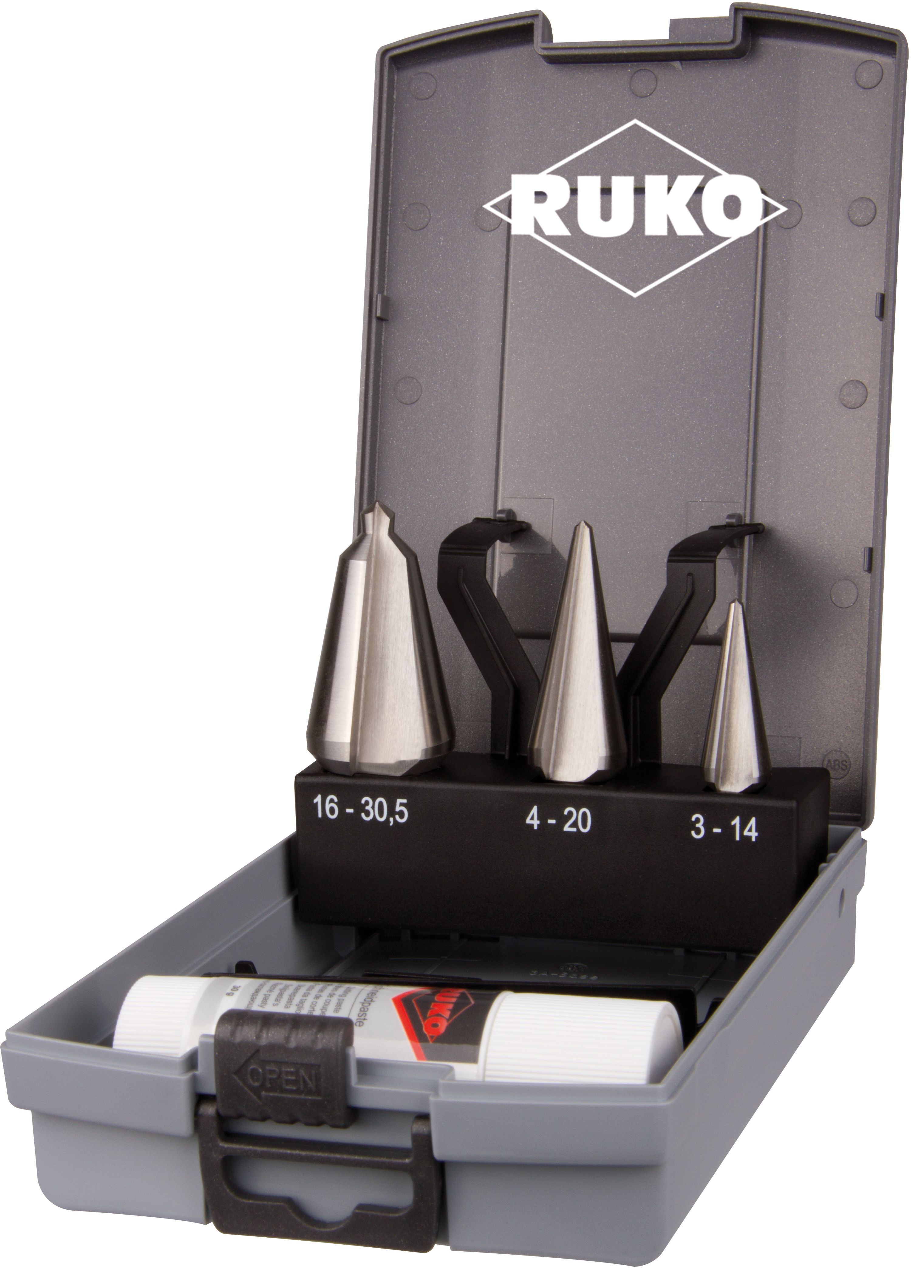Ruko Blechschälbohrer-Satz, 4-tlg. Ø3-14, 4-.20, 16-30.5mm, Schneidpaste, HSS,ABS-Box - Bohren