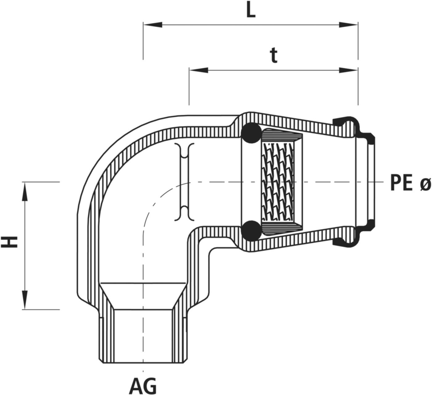 Winkel-Steckfitting 90° mit AG 6430 d 50mm - 1 1/2" - Hawle Steckfittinge
