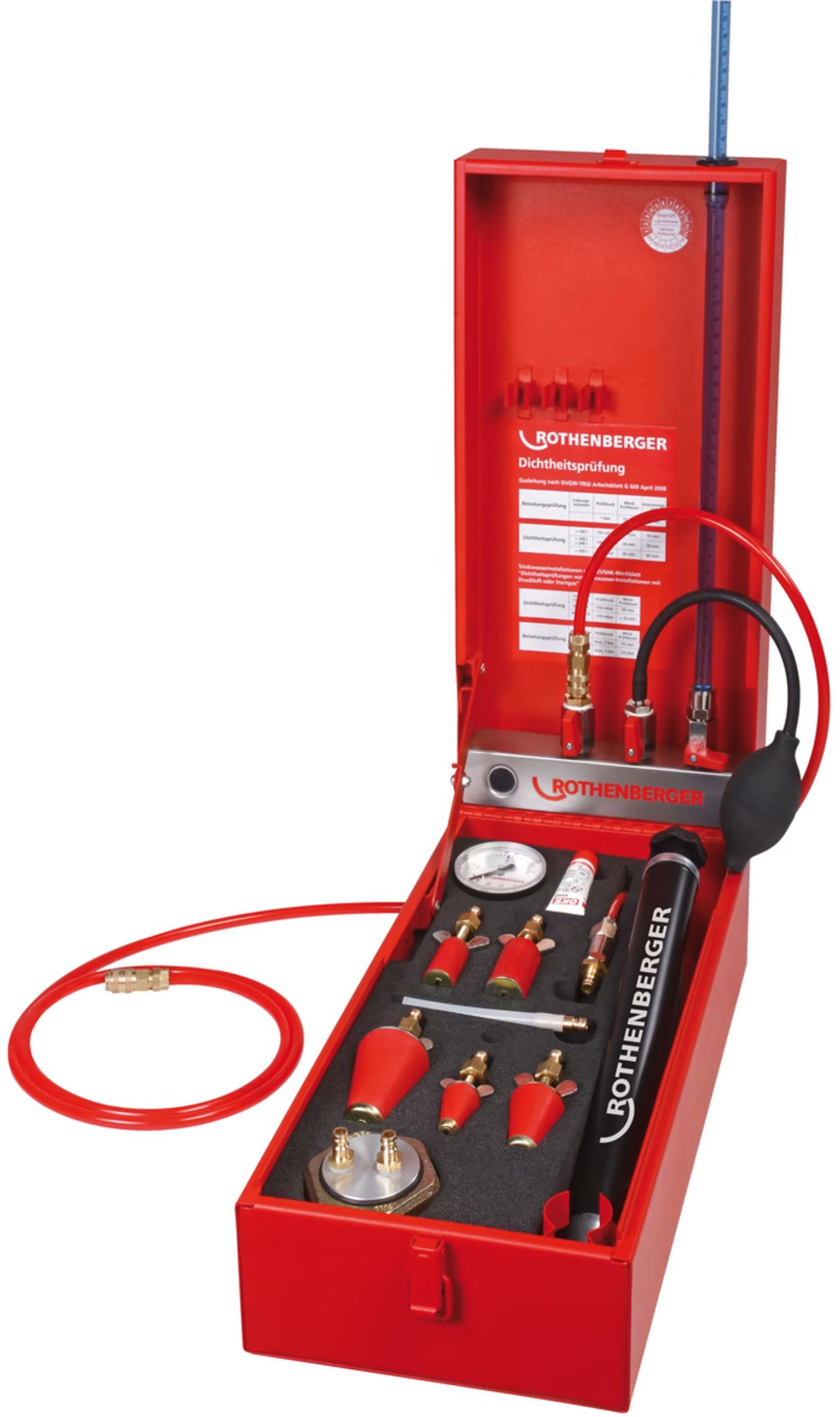 ROTHENBERGER Gasleitungsprüfgerät Rotest GW 150/4 mit 5 Prüfstopfen und Einrohzählerkappe - Sanitärwerkzeuge