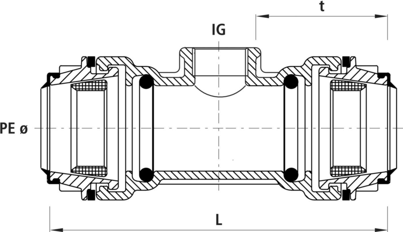 Steckfitting-T mit IG, schlaufbar 6530 d 32mm - 1" - Hawle Steckfittinge