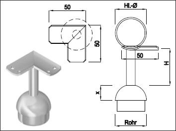 Steckkonsole fest mit runder Rohrkappe Pfos 42.4mm,EA48.3mm,TH80mm,geschl. - INOXTECH-Handlauf-/Geländer-System