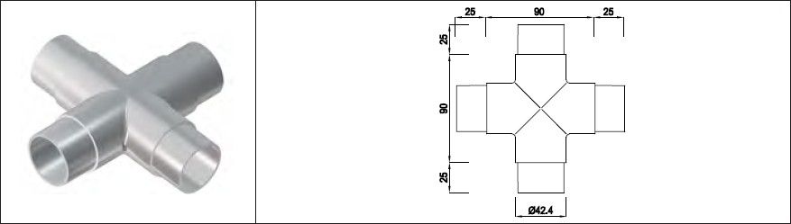Doppel-T-Stück 42.4 mm geschliffen 1.4301 - INOXTECH-Handlauf-/Geländer-System