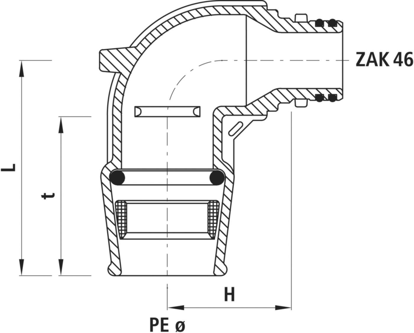 Winkel-Steckfitting 90° 6450 mit ZAK-Anschluss d 63mm - Hawle Steckfittinge